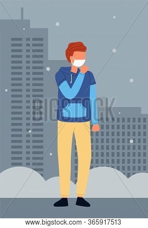 Vector Illustration Of Young Red Haired Man In Hoodie Wearing Face Medical Mask Is Coughing At City 