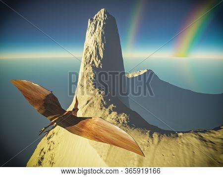 Flying pterodactyl against the volcanic crrater 3d illustration
