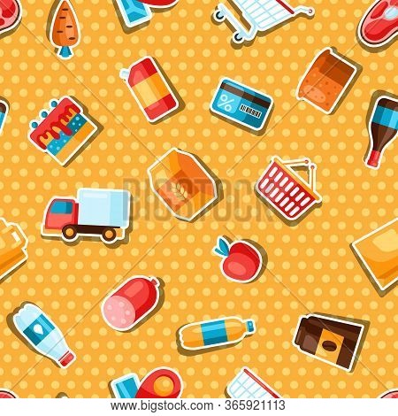 Supermarket Seamless Pattern With Food Stickers. Grocery Illustration In Flat Style.
