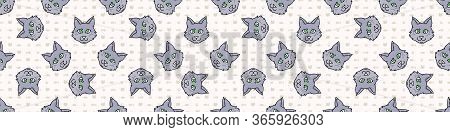 Cute Cartoon Munchkin Kitten Face Seamless Vector Border. Pedigree Kitty Breed Domestic Cat Backgrou