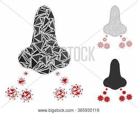 Triangle Mosaic Nose Virus Spread Icon With Mesh Vector Model. Nose Virus Spread Mosaic Icon Of Tria