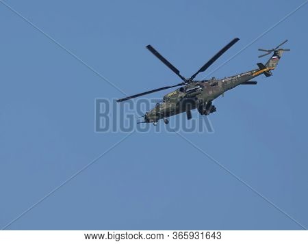 Zhukovsky, Russia - September 01, 2019: Demonstration Of The Mi-24 Attack Helicopter Of The Russian 