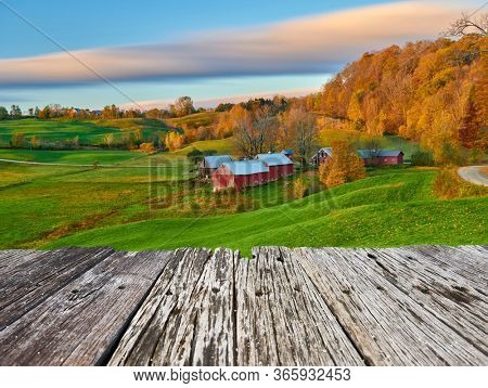 Jenne Farm with barn at sunny autumn morning in Vermont, USA