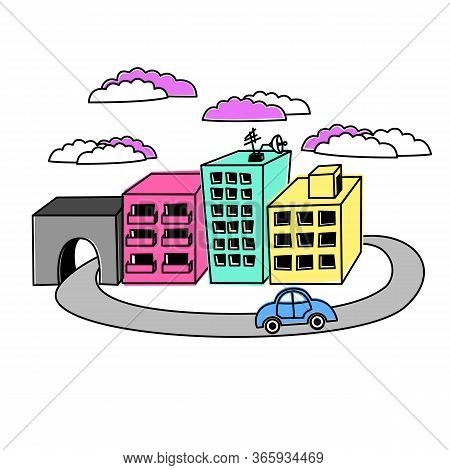 Memphis City With Vibrant Colors, Houses And A Car. Vector