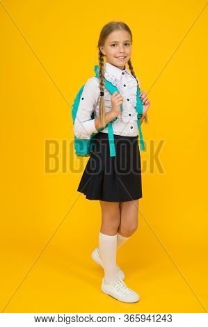 Knowledge Day. Childhood Development. School Girl Wear Uniform. Pretty Little Girl Ready To Study. B