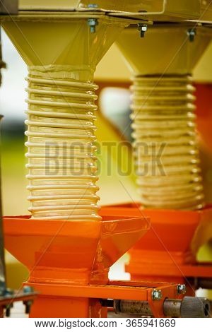Grain Processing Machine, Detail View. Agricultural Seeder Machine With Plastics Pipes Using For Sor