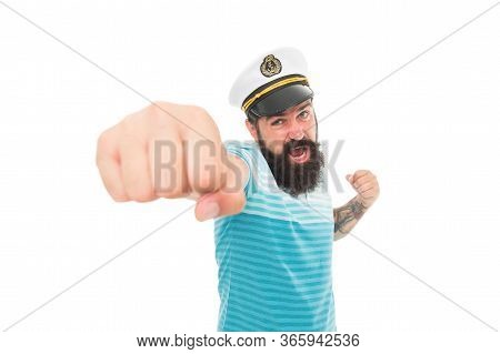 Attack. Punch In Face. Sailor Spirit. Bearded Sailor Isolated On White. Navy And Marine. Sea Adventu