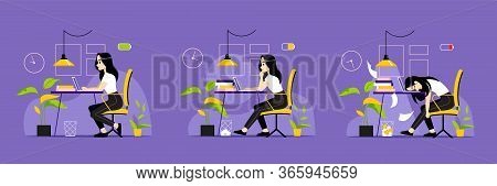 Concept Of Woman Working Day. Overloaded Girl Work In Office With Tiredness Indicator Above Head. Da