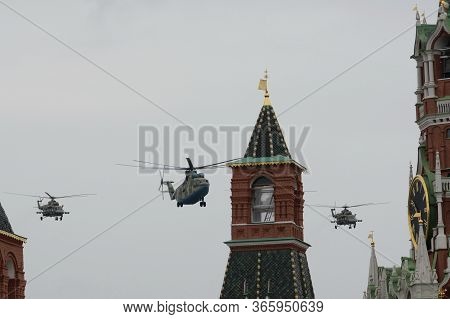 Moscow, Russia - May 9, 2020:mi-26 Military Transport And Mi-8amtsh Multi-purpose Helicopters Open A