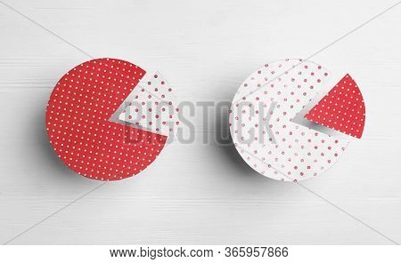 Circles With Segments On White Wooden Background, Flat Lay. Pareto Principle Concept