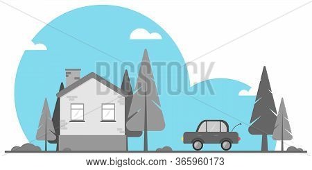 Grey House Isolated On Blue Background, Vector Illustration