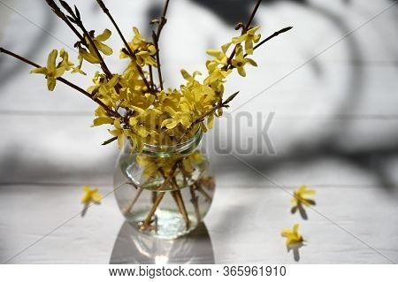 Yellow Flowers In Vase On The Table.