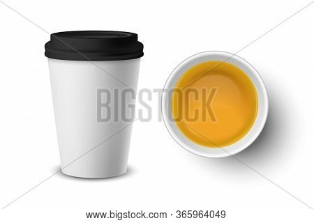 Vector 3d Realistic White Paper Or Plastic Disposable Tea Cup With Green Tea Closeup Isolated On Whi
