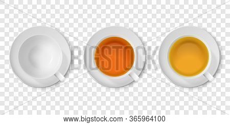 Vector 3d Realistic White Porclean, Ceramic Empty Tea Cup, Mug And With Black Or Red, Green Tea Clos