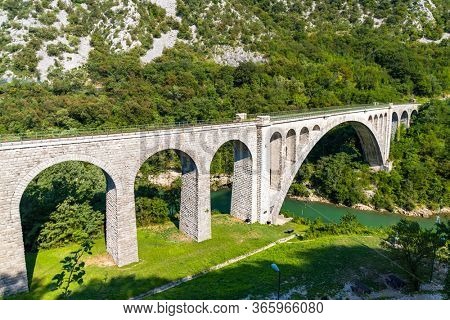 Solkan bridhe on the River Soca, Slovenia
