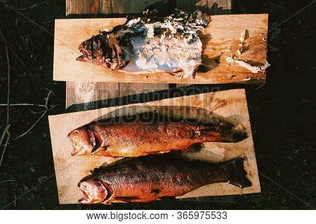 Hot Smoked Fish, Gold On The Board, Three Pieces. Bones And Filet.