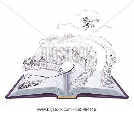 Little Humpbacked Horse Russian Fairy Tale. Open Book Illustration. Vector Cartoon