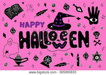 Lettering: Happy Halloween, Magic, Doodle Style, Handdrawn. Vector Illustration, Template Graphic De