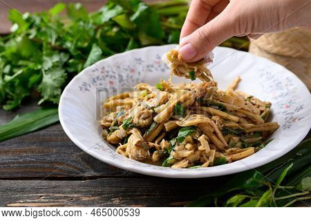 Northern Thai Food (yum Nor Mai), Spicy Bamboo Shoot Salad Eating With Sticky Rice By Hand, Local Th