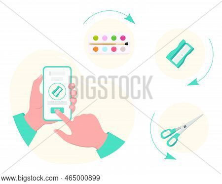 Vector Illustration Person Makes Order And Purchases Of Stationery For School By Cell Phone. Select 