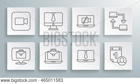 Set Line Online Working, Video Chat Conference, Time Management, Camera Off Laptop, And Camera Icon.