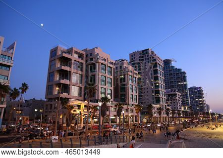 Tel Aviv, Israel - November 3, 2022: People Visit Beachfront Promenade (tayelet) In Tel Aviv, Israel