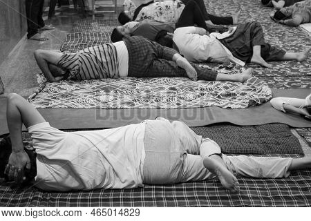 Delhi, India, June 19 2022-group Yoga Exercise Session For People Of Different Age Groups In Balaji