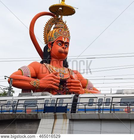 Big Statue Of Lord Hanuman Near The Delhi Metro Bridge Situated Near Karol Bagh, Delhi, India, Lord