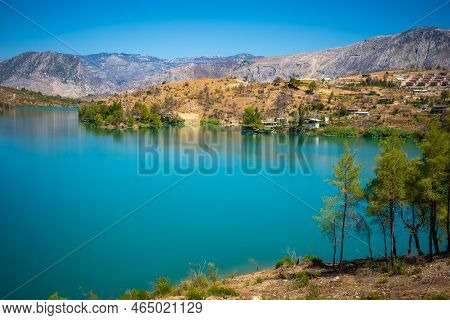Mountain Lake. Emerald Water Reservoir Behind The Dam Oymapinar. Green Canyon In Manavgat Region, Tu