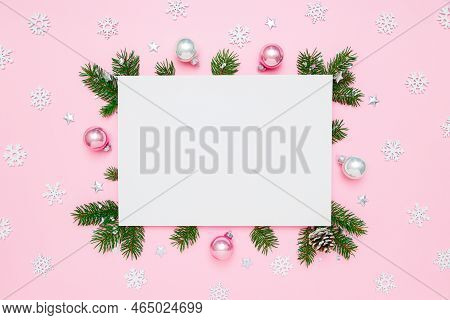 Christmas, New Year Holiday Card With Copy Space For Text. Blank White Paper In Frame Of Natural Fir