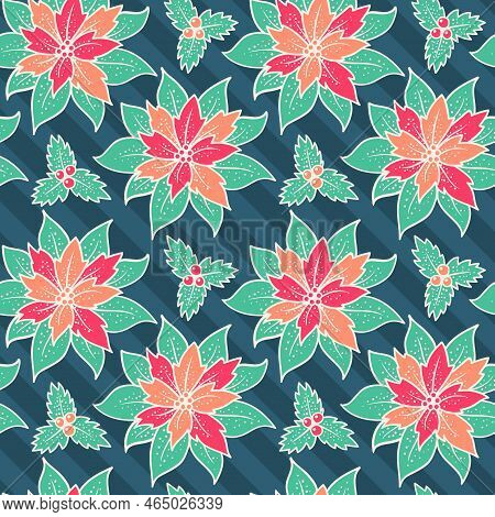 Vector Vintage Seamless Patttern With Red Poinsettia. Retro Seamless Christmas Patttern With Red Flo