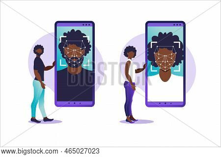 Face Id, Face Recognition System. Facial Biometric Identification System Scanning On Smartphone. Fac
