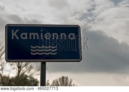 Blue Information Plate With The Name Of The River: 