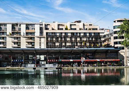Paris, France, Oct 2022, view of an urban scene by the Bassin de la Villette