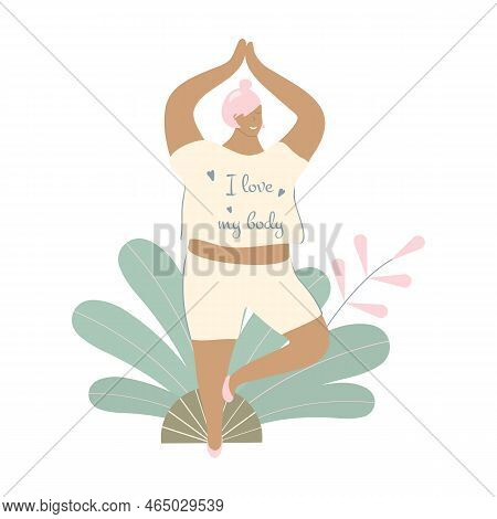Body Positivity Cute Young Plump Afro Girl With More Size-inclusive Body Do Yoga.plumpish Lady In Tr