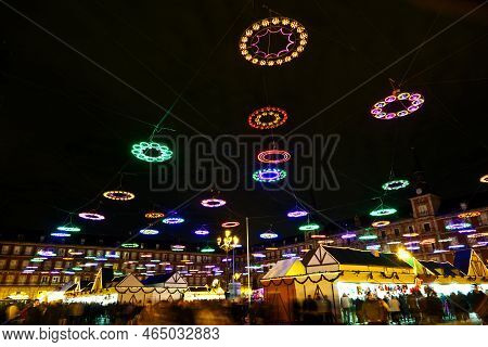 Madrid, Spain - December 20, 2010: Christmas Time At Plaza De Mayor In Madrid In The Night With Illu