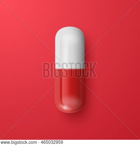 Vector 3d Realistic Red And White Pharmaceutical Medical Pill, Capsule, Tablet On Red Background. Fr