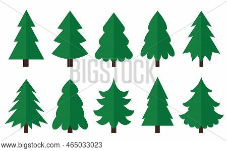 Christmas Tree Green Flat Sign Set. Happy New Year Merry Xmas Evergreen Cone Plant Symbol, Fir, Spru