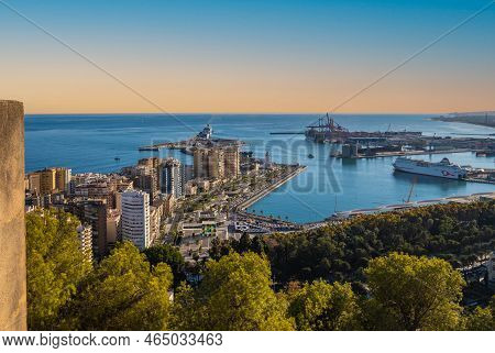 Aerial View Of Malaga Taken From Gibralfaro Castle Including Port Of Malaga,  Andalucia, Spain.