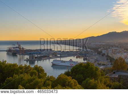 Aerial View Of Malaga Taken From Gibralfaro Castle Including Port Of Malaga,  Andalucia, Spain.