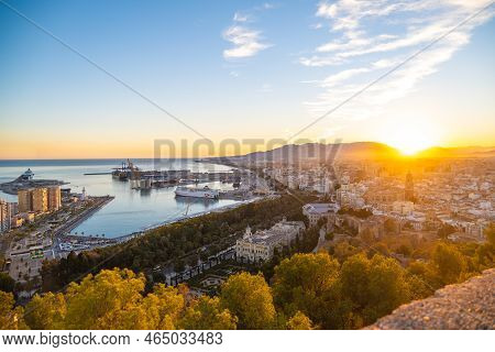 Aerial View Of Malaga Taken From Gibralfaro Castle Including Port Of Malaga,  Andalucia, Spain.