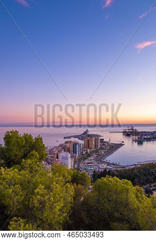 Aerial View Of Malaga Taken From Gibralfaro Castle Including Port Of Malaga,  Andalucia, Spain.