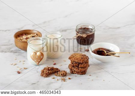 Two Portions Of Joghurt, Jam, Flakes And Biscuits, Valentine Day Breakfast