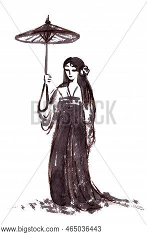 Girl With Paper Umbrella In Ancient Hanfu Chinese Style Ink Painting On Rice Paper
