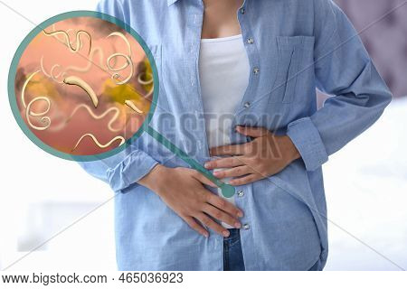 Parasites Under Microscope And Woman Suffering From Helminthiasis, Closeup