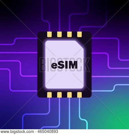 Colorful Tech Illustration Design For The New Esim Or E-sim With Circuit On A Smooth Gradient Square