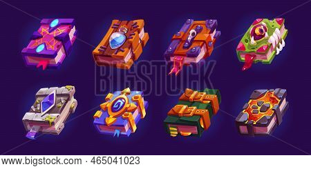 Magic Books With Mystic Spell, Alchemy Grimoires, Closed Wizard Diary With Strange Covers. Witchcraf