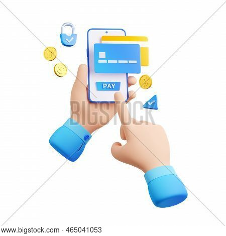 3d Illustration Of Hand Making Cashless Payment From Smartphone. Character Using Mobile Banking App 