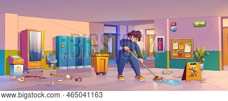 Janitor Woman Mopping Floor In School Hallway With Scatter Rubbish And Waste On Dirty Floor. Female 