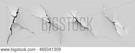 Crack Of Paint Or Paper Isolated On Gray Background. Closeup View Of Badly Fixed Building Facade Wal